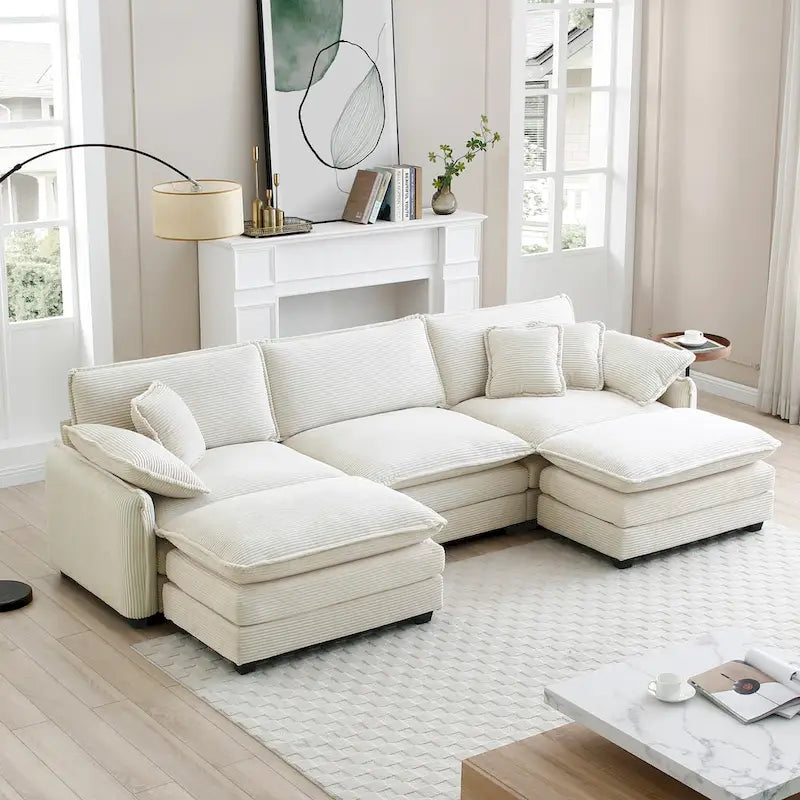 Beige 5-Piece Corduroy U-Shaped Modular Sectional Sofa with 2 Ottomans