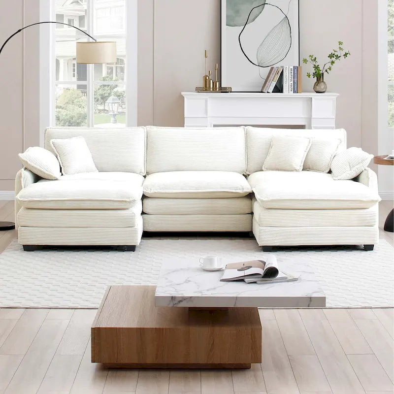 Canapé modulable en velours côtelé 5 pièces en forme de U avec 2 poufs – 4 couleurs