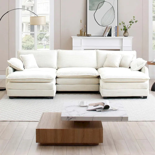 Canapé modulable en velours côtelé 5 pièces en forme de U avec 2 poufs – 4 couleurs