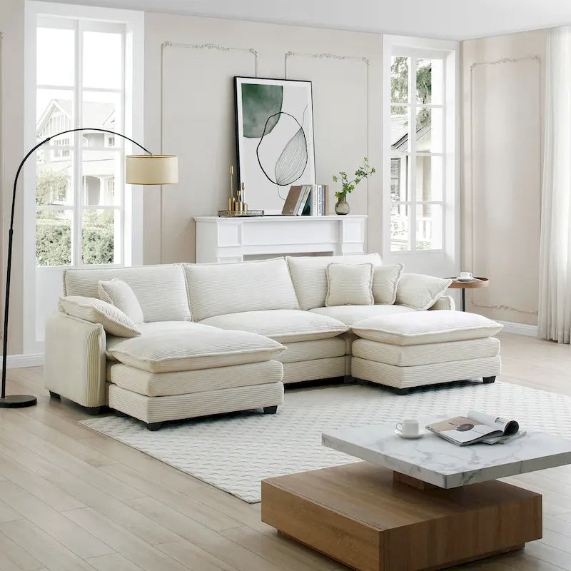 Canapé modulable en velours côtelé 5 pièces en forme de U avec 2 poufs – 4 couleurs