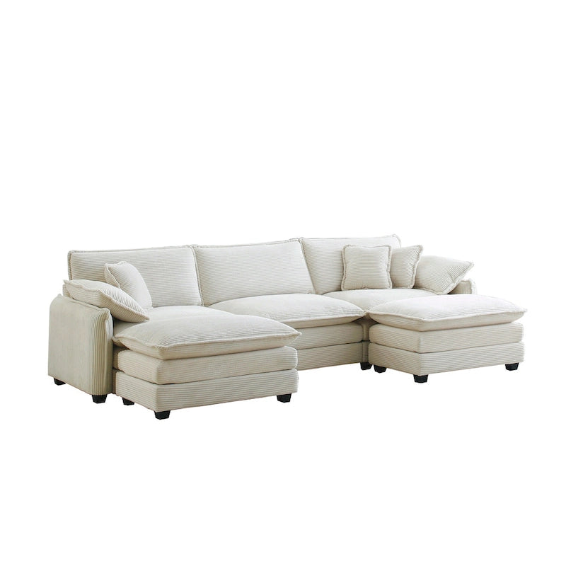 Canapé modulable en velours côtelé 5 pièces en forme de U avec 2 poufs – 4 couleurs