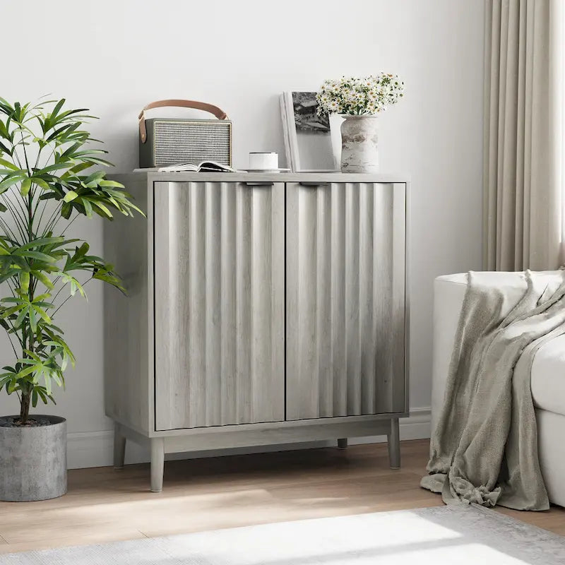 Buffet de rangement cannelé, Armoire de buffet autoportante gris délavé avec étagère réglable, Rangement en bois