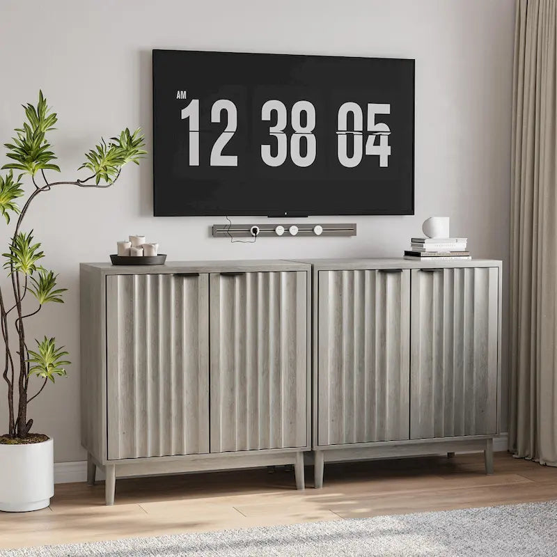 Buffet de rangement cannelé, Armoire de buffet autoportante gris délavé avec étagère réglable, Rangement en bois