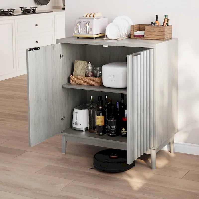Buffet de rangement cannelé, Armoire de buffet autoportante gris délavé avec étagère réglable, Rangement en bois