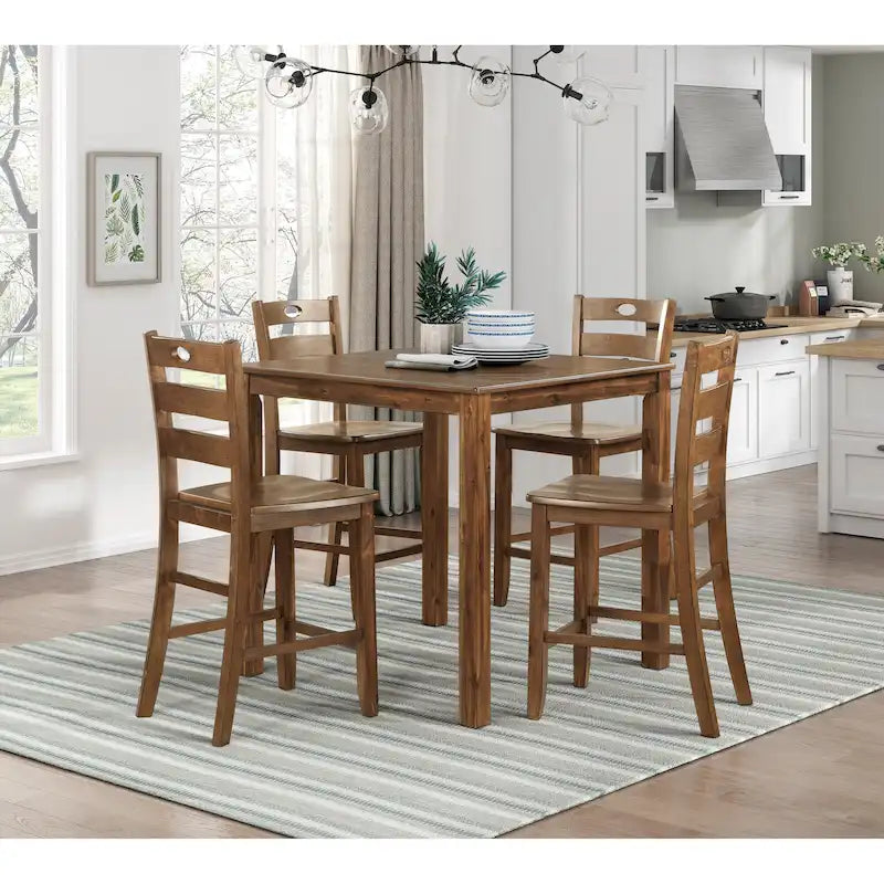 Ensemble de salle à manger 5 pièces à hauteur de comptoir, Meubles de cuisine en bois avec table carrée et 4 chaises