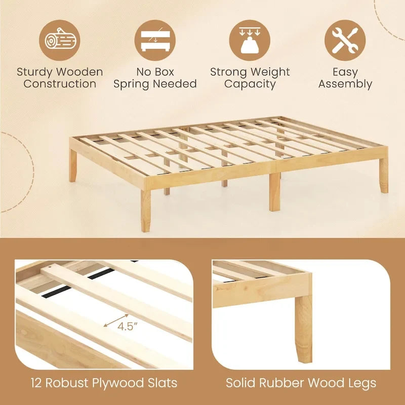 Cadre de lit plateforme en bois – Lit simple/double/queen, dégagement sous le lit de 26,7 cm