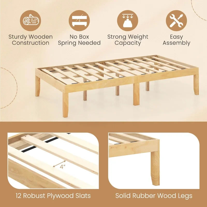 Cadre de lit plateforme en bois – Lit simple/double/queen, dégagement sous le lit de 26,7 cm