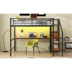 Lit mezzanine pleine grandeur avec bureau, escalier de rangement, petite armoire, lumière LED