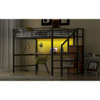 Lit mezzanine pleine grandeur avec bureau, escalier de rangement, petite armoire, lumière LED