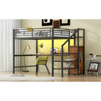 Lit mezzanine pleine grandeur avec bureau, escalier de rangement, petite armoire, lumière LED