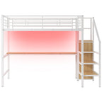 Lit mezzanine pleine grandeur avec bureau, escalier de rangement, petite armoire, lumière LED