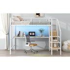 Lit mezzanine pleine grandeur avec bureau, escalier de rangement, petite armoire, lumière LED