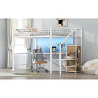 Lit mezzanine pleine grandeur avec bureau, escalier de rangement, petite armoire, lumière LED