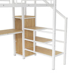 Lit mezzanine pleine grandeur avec bureau, escalier de rangement, petite armoire, lumière LED