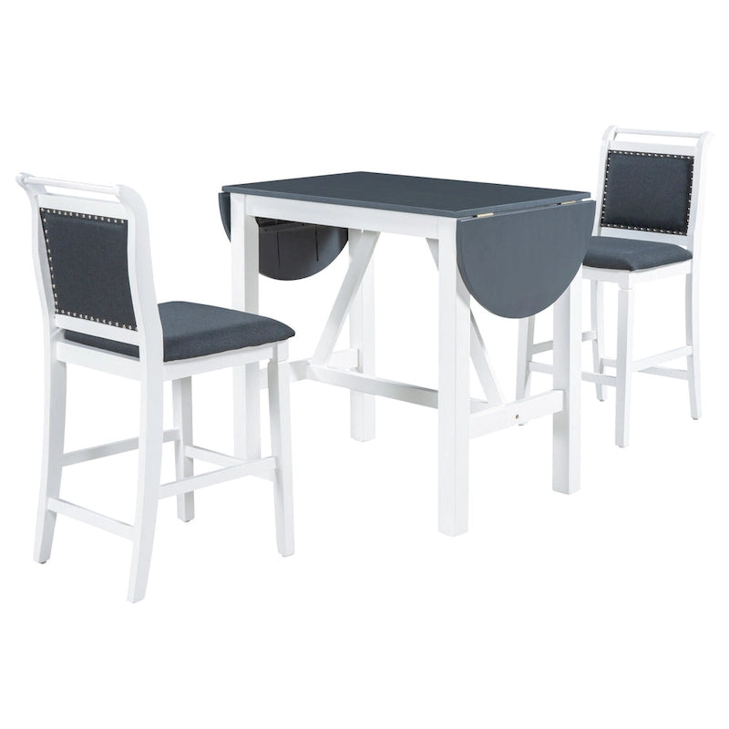 Ensemble de table à manger et 2 chaises en bois blanc 3 pièces à hauteur de comptoir avec rallonge à rabat
