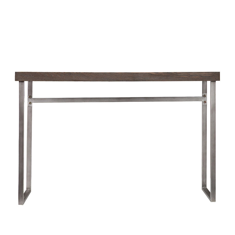 Console-table Gilbert – Plateau en placage de chêne brûlé avec pieds en métal argenté