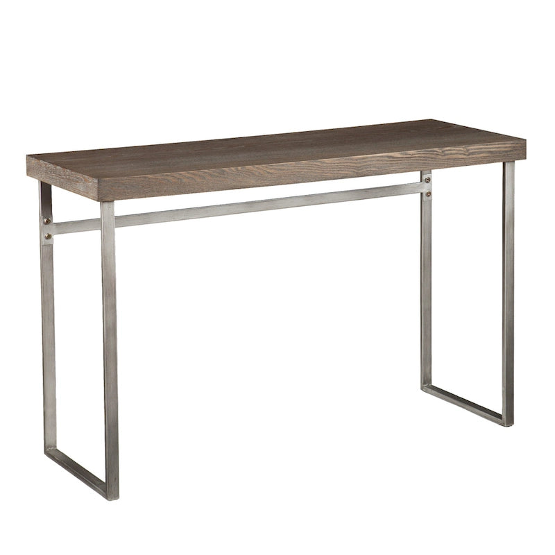Console-table Gilbert – Plateau en placage de chêne brûlé avec pieds en métal argenté