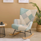 Fauteuil à bascule en tissu Mid-Century avec pieds en bois et lin patchwork