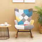 Fauteuil à bascule en tissu Mid-Century avec pieds en bois et lin patchwork