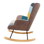Fauteuil à bascule en tissu Mid-Century avec pieds en bois et lin patchwork