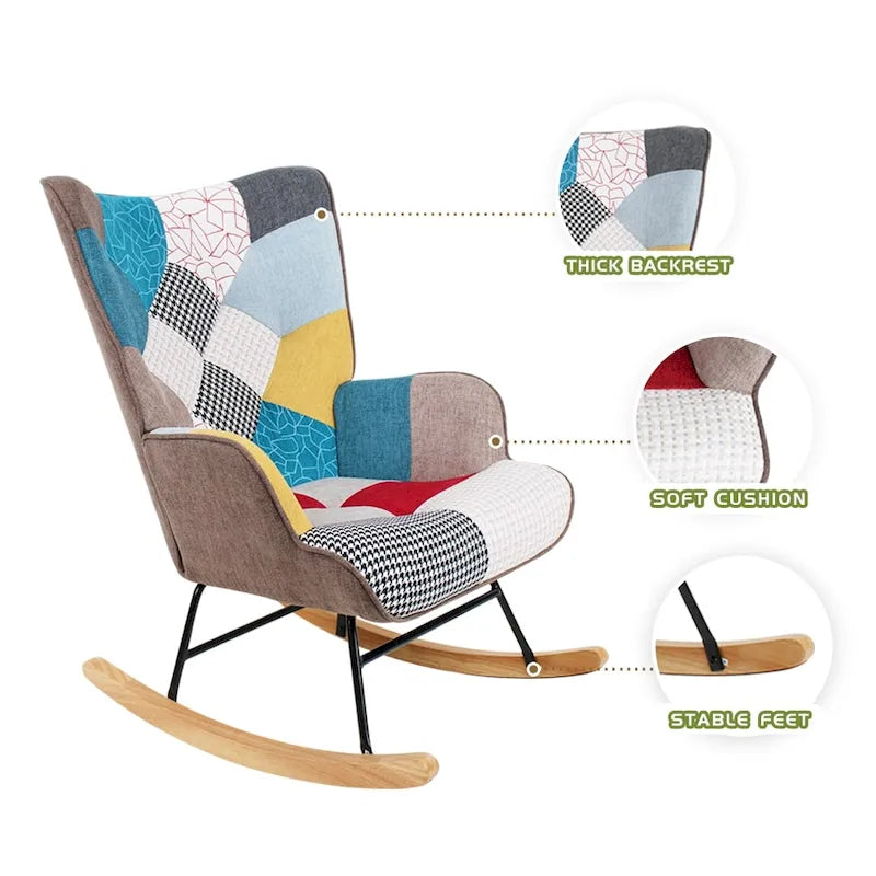Fauteuil à bascule en tissu Mid-Century avec pieds en bois et lin patchwork
