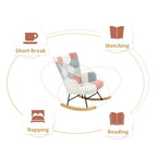 Fauteuil à bascule en tissu Mid-Century avec pieds en bois et lin patchwork