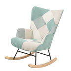 Fauteuil à bascule en tissu Mid-Century avec pieds en bois et lin patchwork