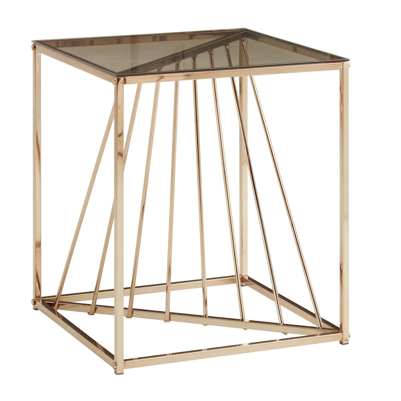 Table d'appoint carrée en métal et plateau en verre fumé avec base décorative lignée