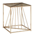 Table d'appoint carrée en métal et plateau en verre fumé avec base décorative lignée