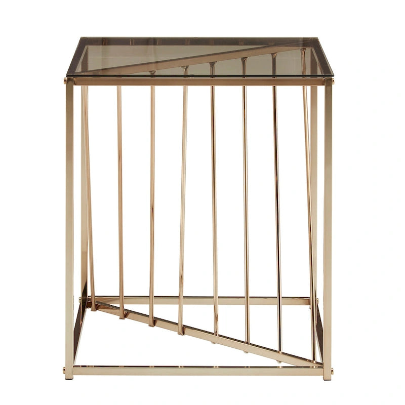 Table d'appoint carrée en métal et plateau en verre fumé avec base décorative lignée
