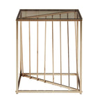 Table d'appoint carrée en métal et plateau en verre fumé avec base décorative lignée