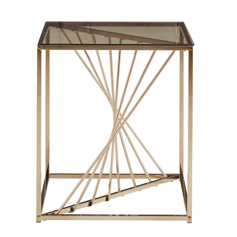 Table d'appoint carrée en métal et plateau en verre fumé avec base décorative lignée