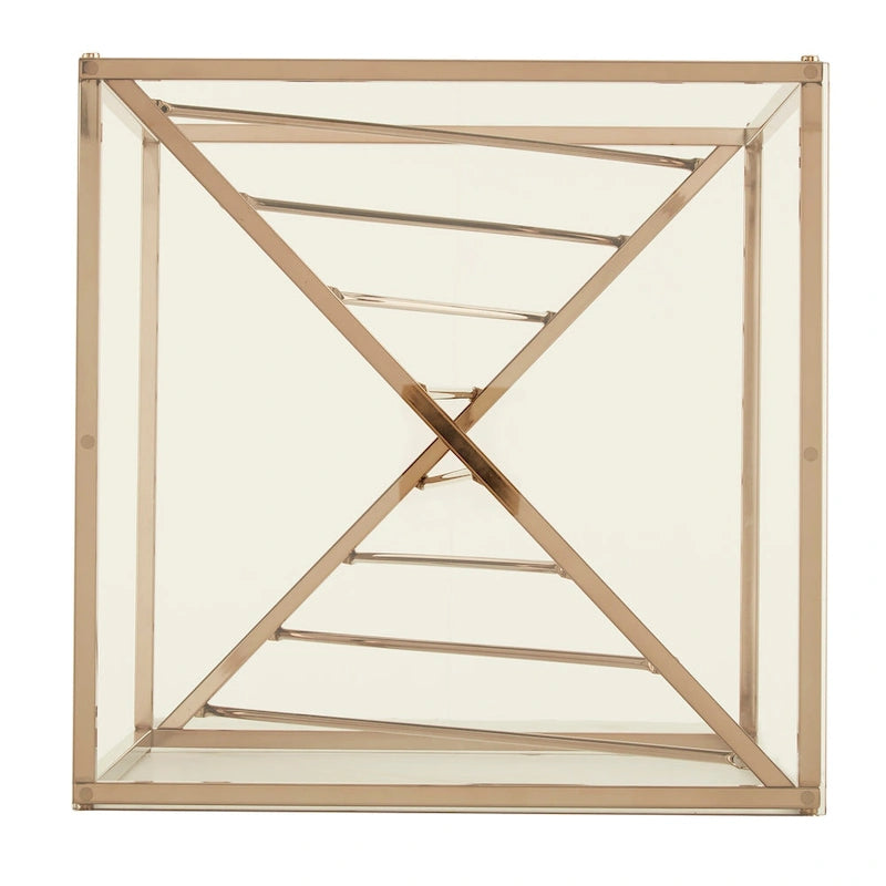 Table d'appoint carrée en métal et plateau en verre fumé avec base décorative lignée