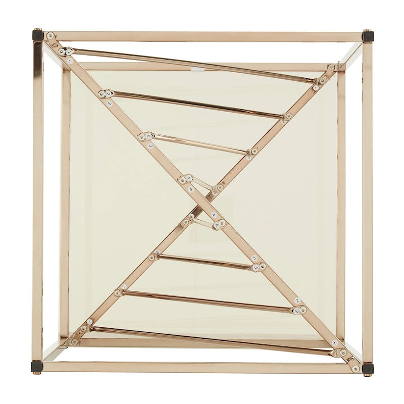 Table d'appoint carrée en métal et plateau en verre fumé avec base décorative lignée