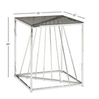 Table d'appoint carrée en métal et plateau en verre fumé avec base décorative lignée