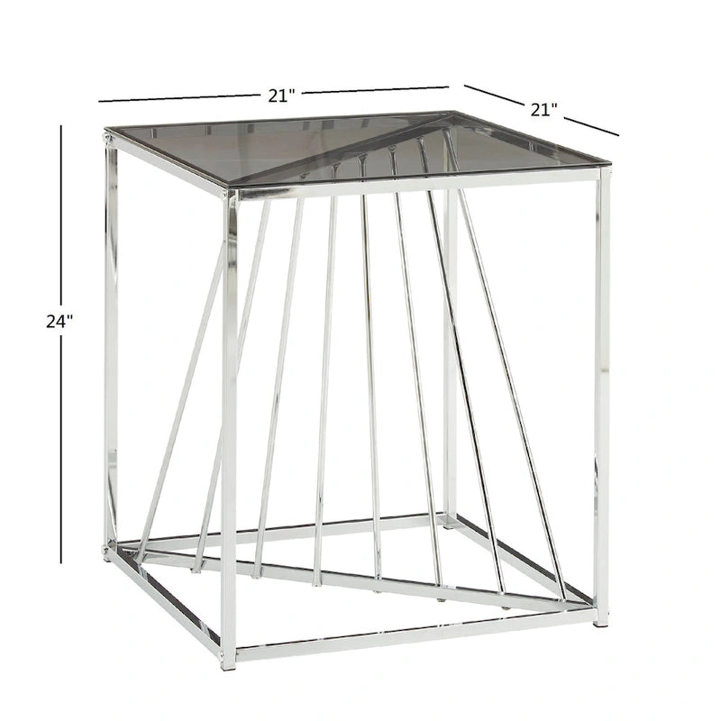 Table d'appoint carrée en métal et plateau en verre fumé avec base décorative lignée