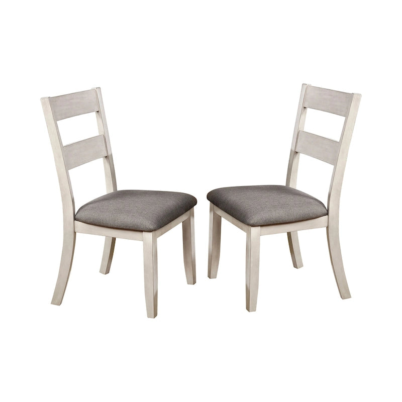 Chaises de salle à manger avec dossier à lattes en bois blanc antique et assise rembourrée grise (Lot de 2)