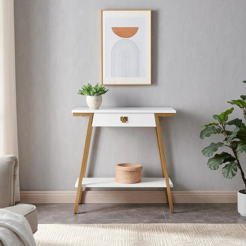 Console en bois Empiria avec tiroir et cadre en métal doré satiné
