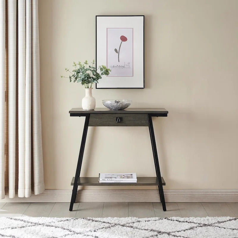 Console en bois Empiria avec tiroir et cadre en métal doré satiné