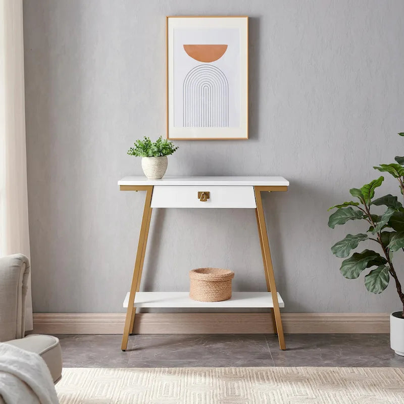 Console en bois Empiria avec tiroir et cadre en métal doré satiné