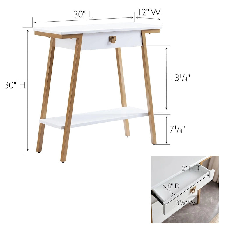 Console en bois Empiria avec tiroir et cadre en métal doré satiné