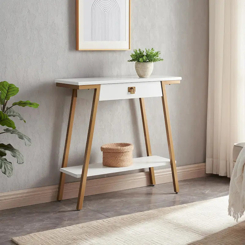 Console en bois Empiria avec tiroir et cadre en métal doré satiné