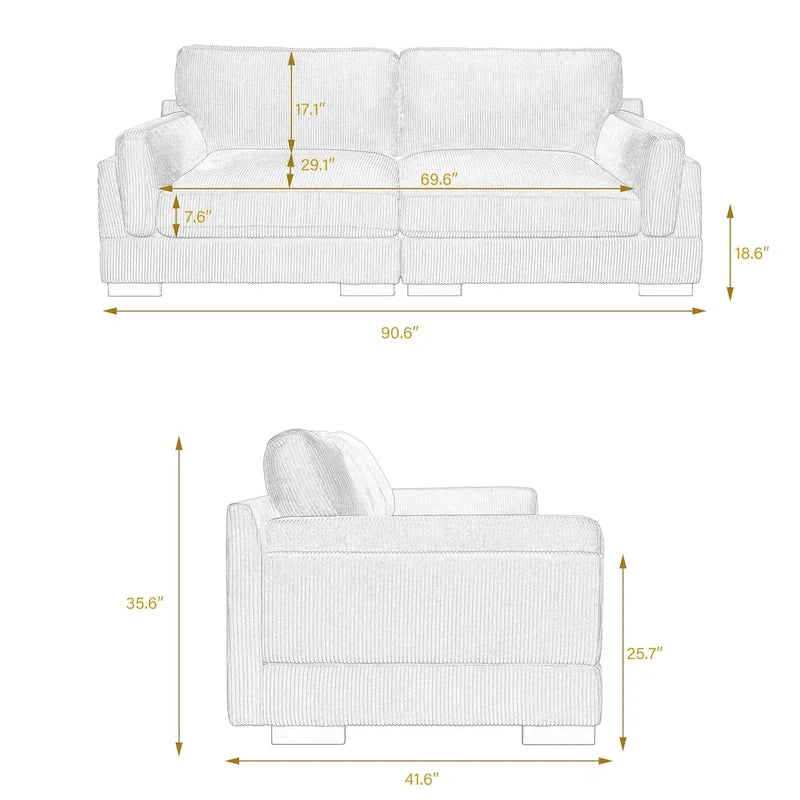 Canapé causeuse moderne en velours côtelé de 228 cm à assise profonde