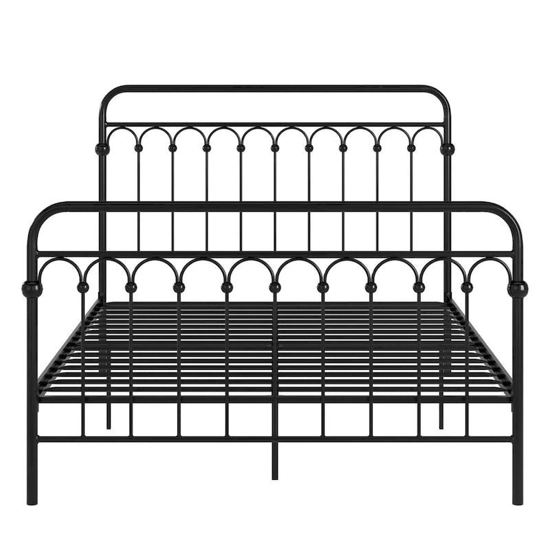 Lit plate-forme en métal avec tête de lit arquée élégante et boules décoratives
