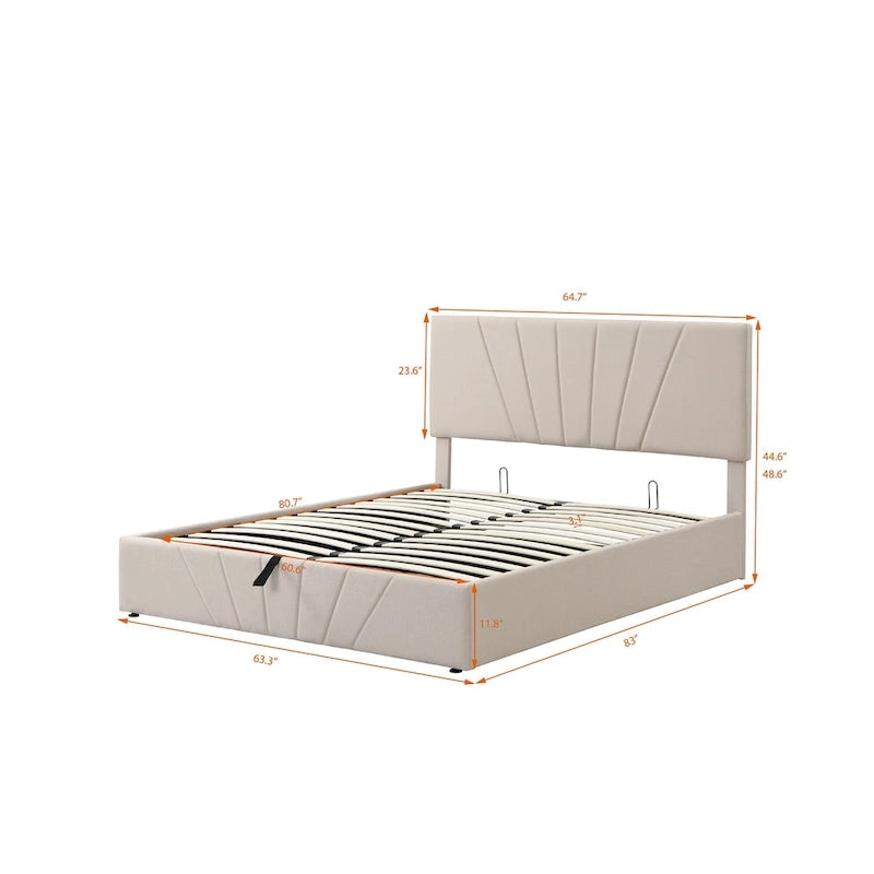 Lit plateforme rembourré avec système de rangement hydraulique sous le lit