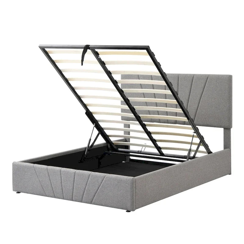 Lit plateforme rembourré avec système de rangement hydraulique sous le lit