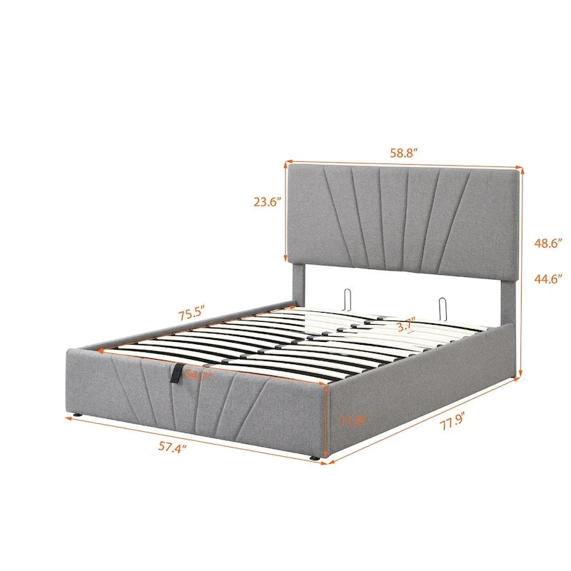 Lit plateforme rembourré avec système de rangement hydraulique sous le lit