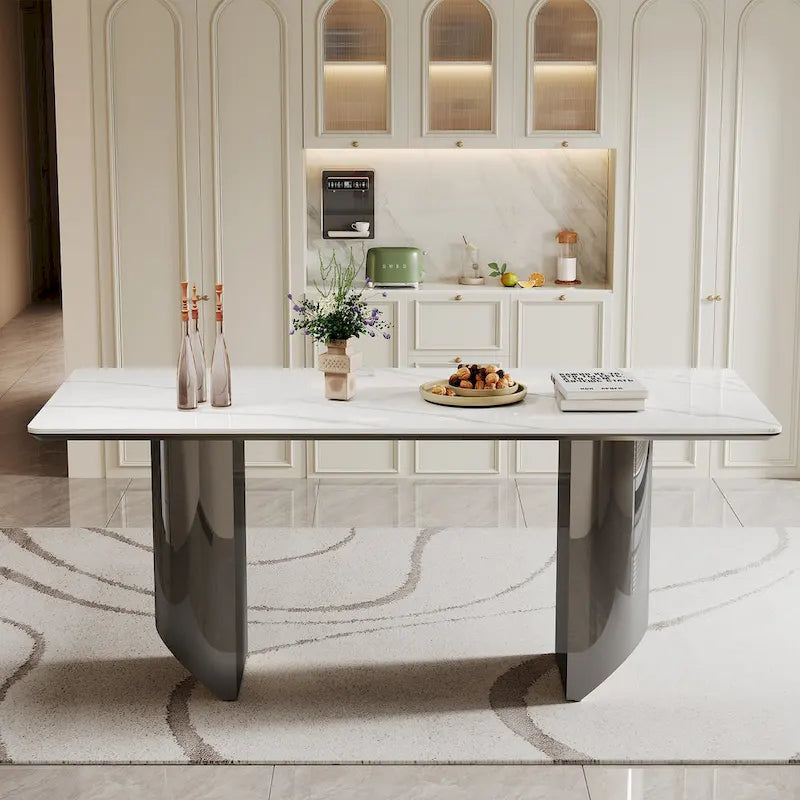 Table à manger avec plateau en verre trempé et composite de pierre frittée de 0,47" d'épaisseur, base en acier inoxydable