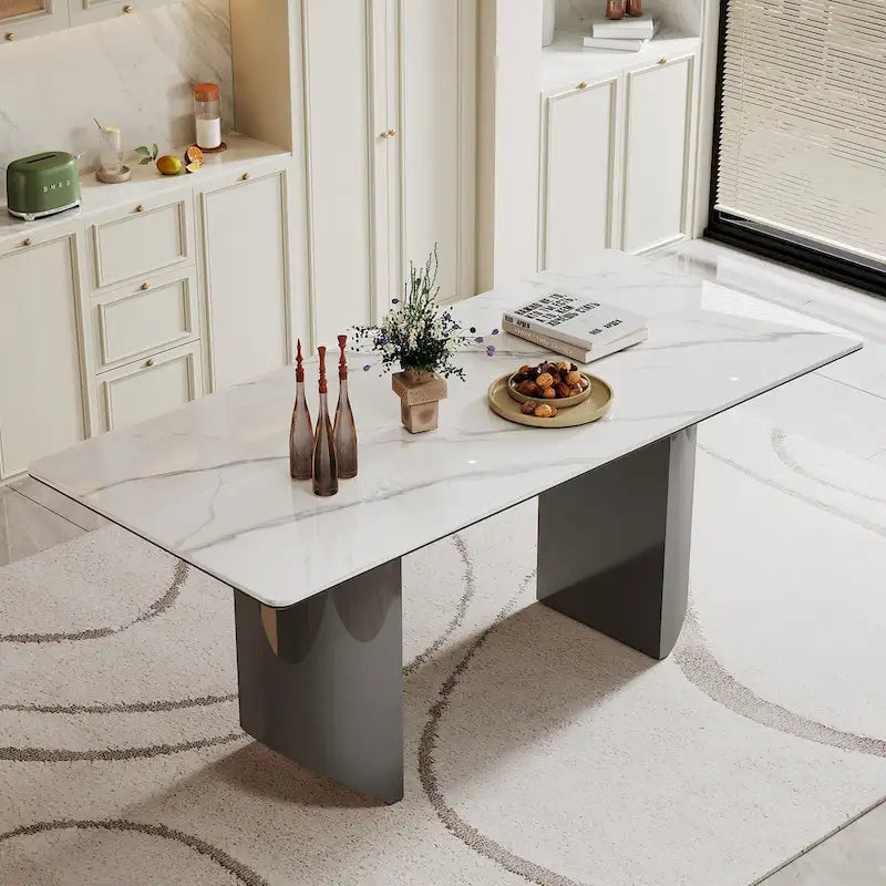 Table à manger avec plateau en verre trempé et composite de pierre frittée de 0,47" d'épaisseur, base en acier inoxydable