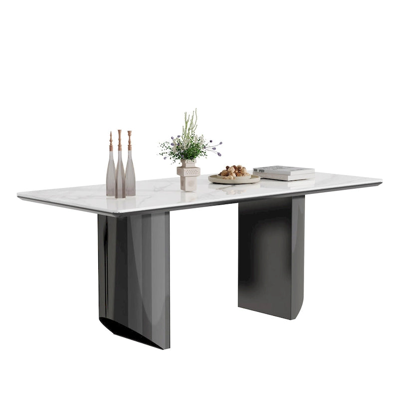 Table à manger avec plateau en verre trempé et composite de pierre frittée de 0,47" d'épaisseur, base en acier inoxydable